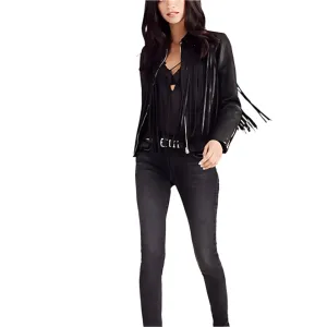 Western Long Fringe Black Leather Jacket for Women Cowgirl WFJ756
