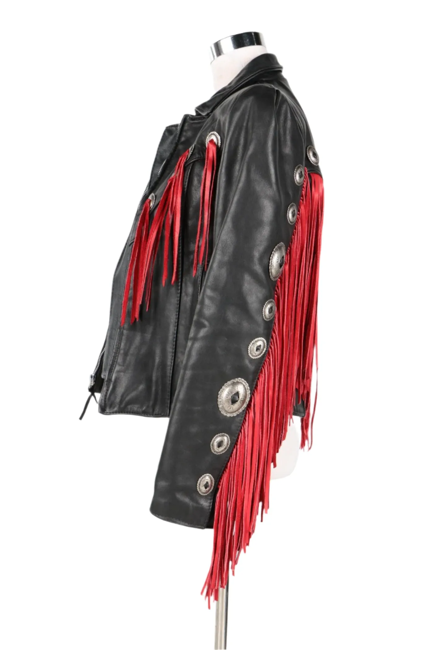Western Red Fringe Black Leather Jacket for Women Cowgirl WFJ753
