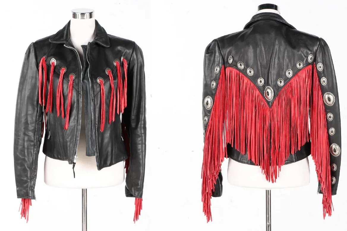 Western Red Fringe Black Leather Jacket for Women Cowgirl WFJ753