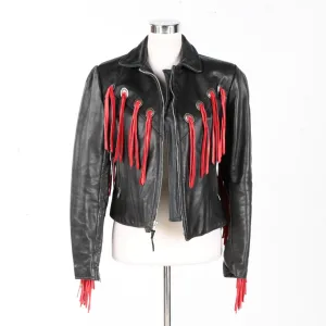 Western Red Fringe Black Leather Jacket for Women Cowgirl WFJ753