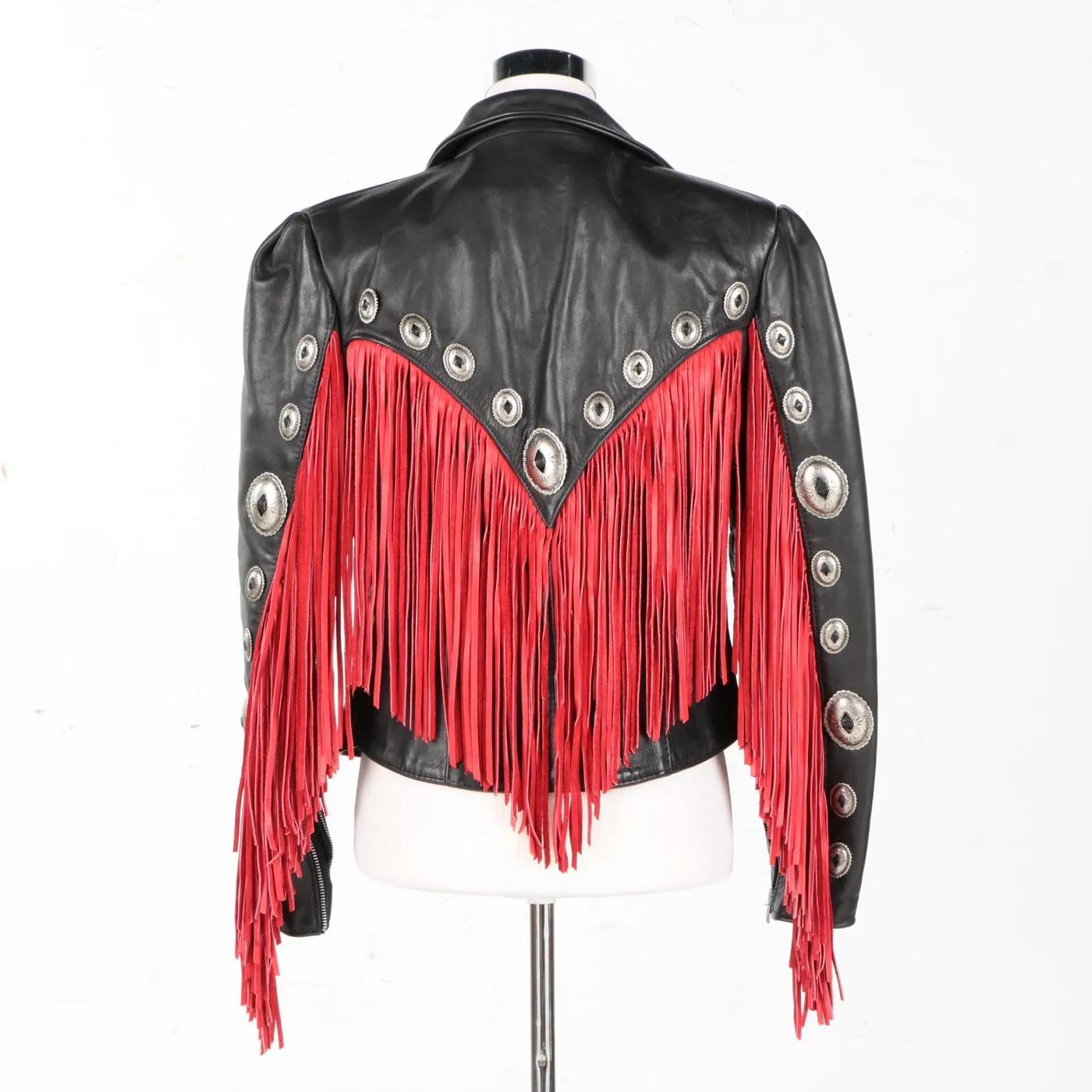 Western Red Fringe Black Leather Jacket for Women Cowgirl WFJ753