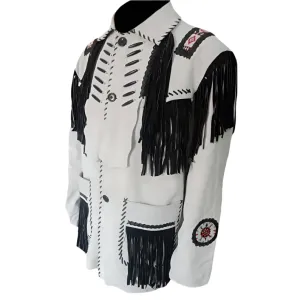 Western White Leather Fringe Beaded Jacket for Men MWJ454