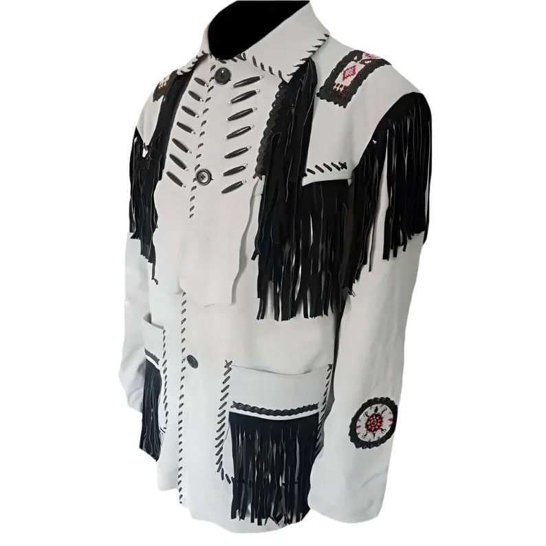 Western White Leather Fringe Beaded Jacket for Men MWJ454