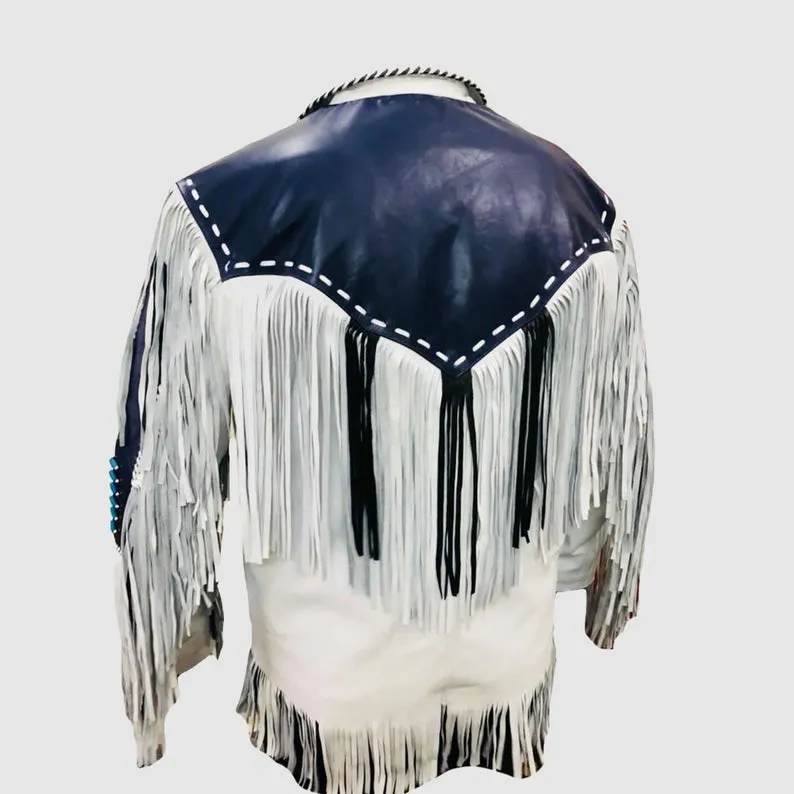 Western White Leather Fringe Beaded Jacket for Men MWJ456