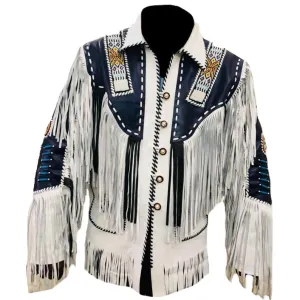 Western White Leather Fringe Beaded Jacket for Men MWJ456