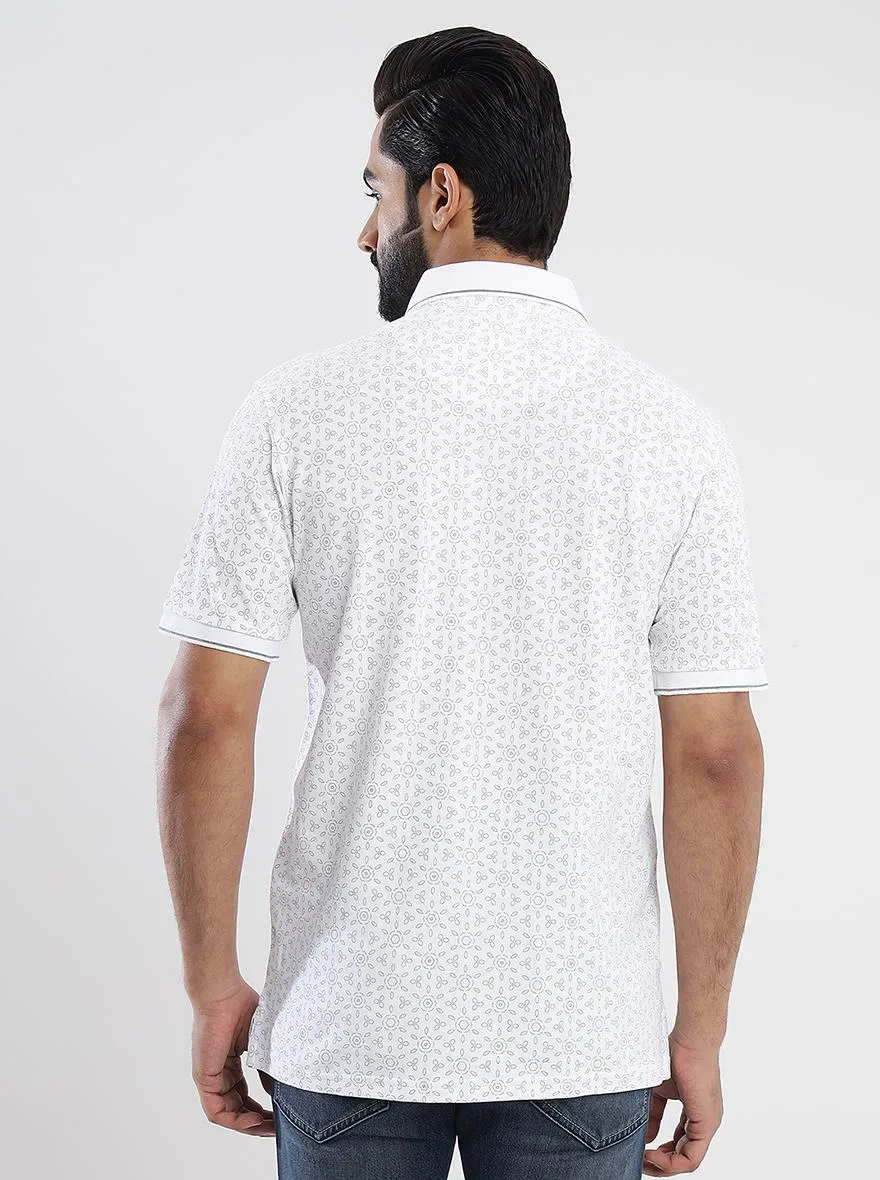White Printed Slim Fit Polo T-Shirt | JadeBlue