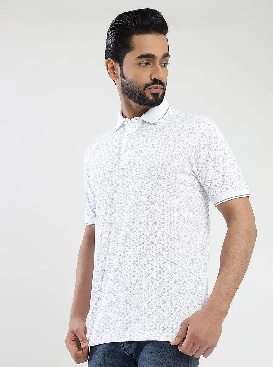 White Printed Slim Fit Polo T-Shirt | JadeBlue