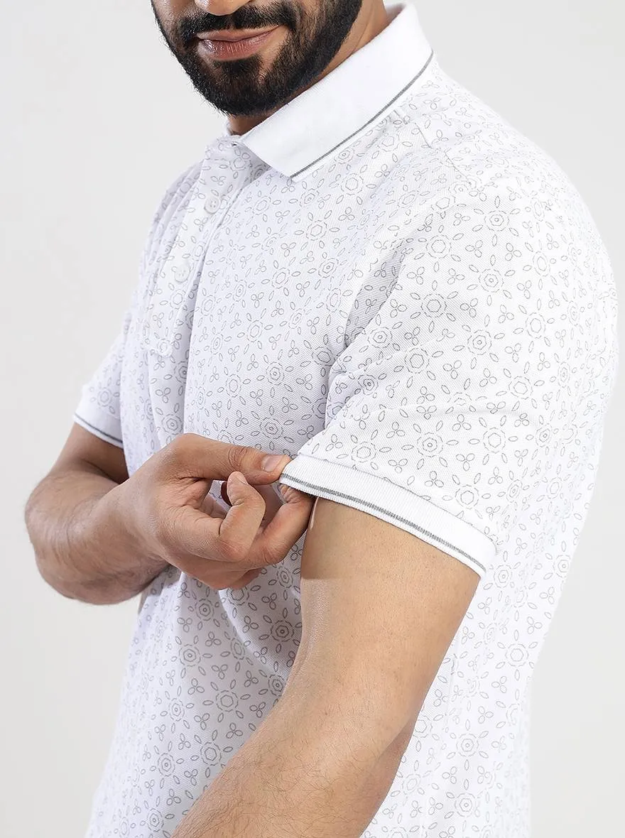 White Printed Slim Fit Polo T-Shirt | JadeBlue