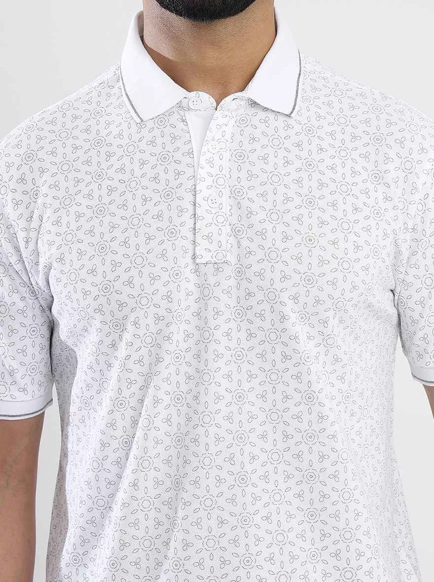 White Printed Slim Fit Polo T-Shirt | JadeBlue