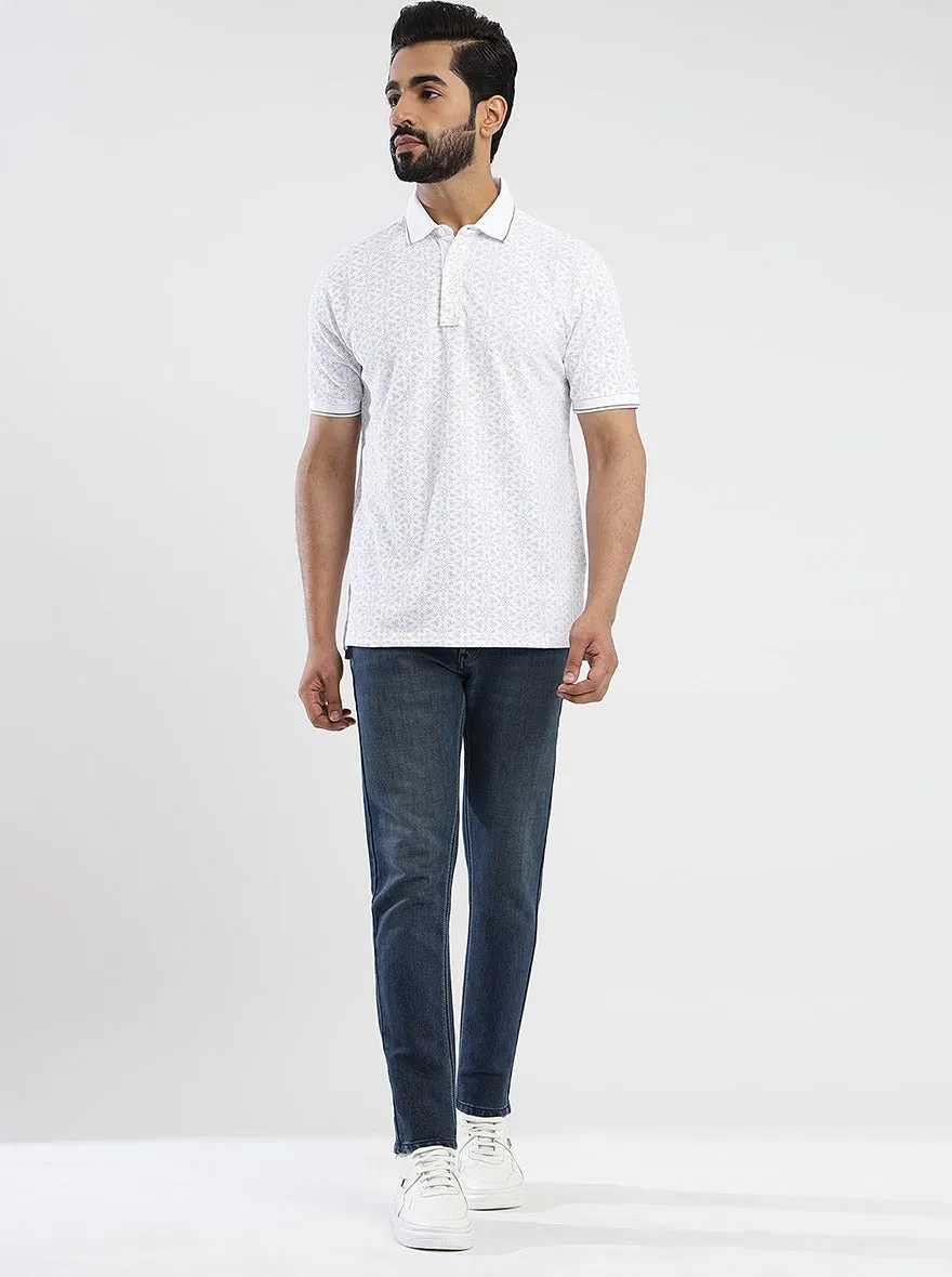 White Printed Slim Fit Polo T-Shirt | JadeBlue