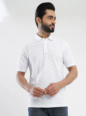 White Printed Slim Fit Polo T-Shirt | JadeBlue