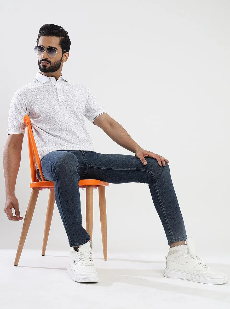 White Printed Slim Fit Polo T-Shirt | JadeBlue