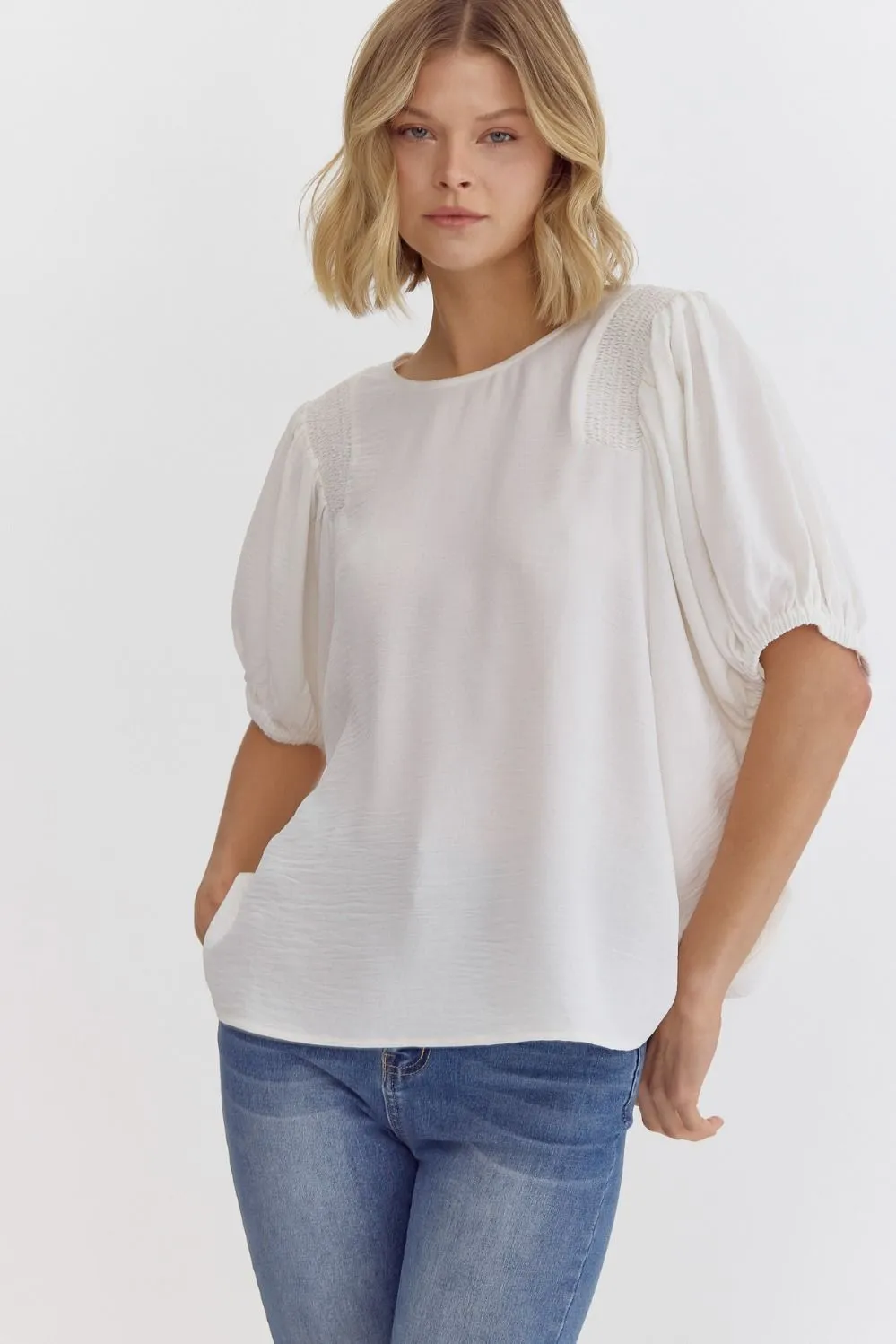 White Solid Round Sleeve Top