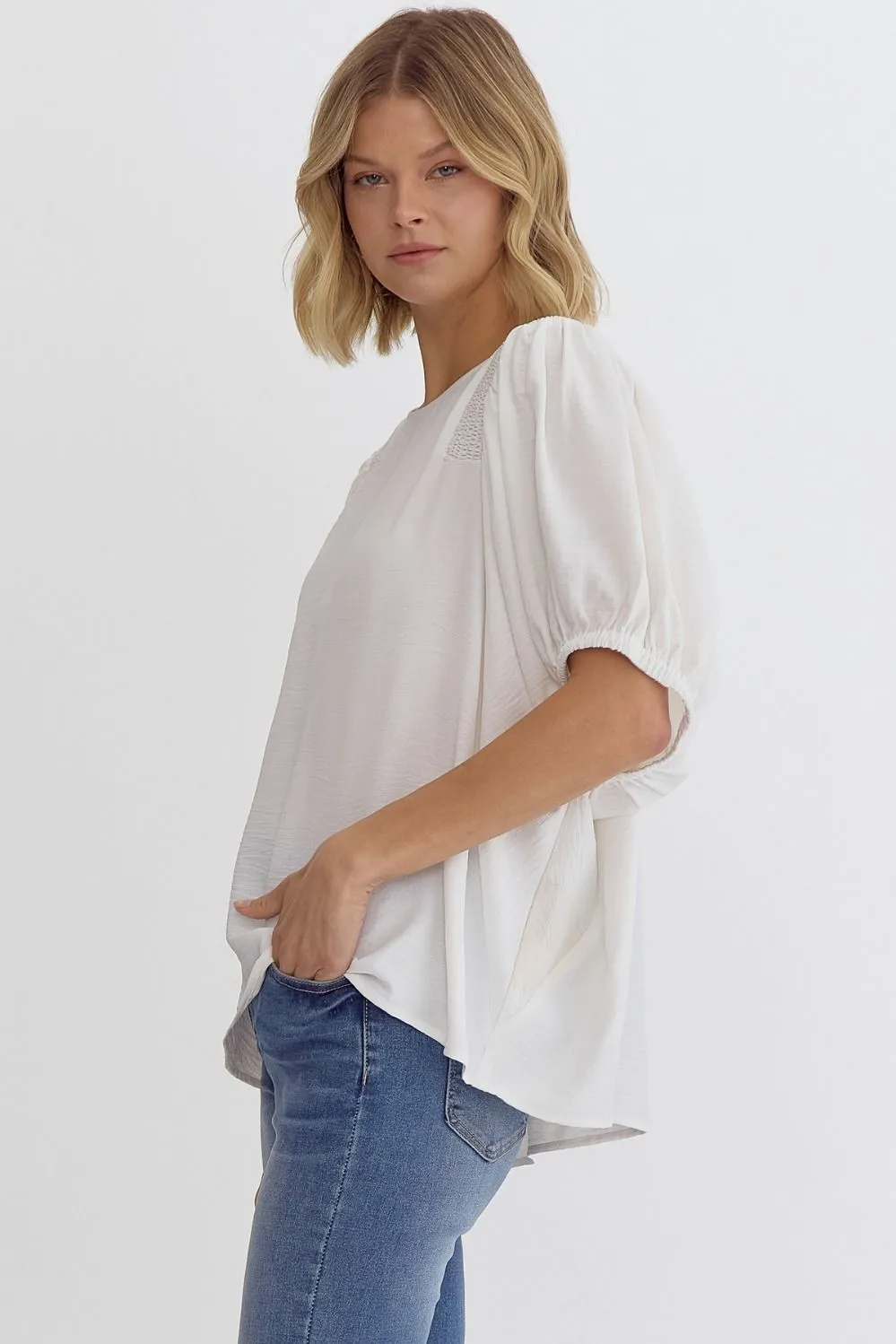 White Solid Round Sleeve Top