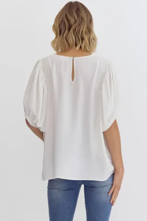 White Solid Round Sleeve Top