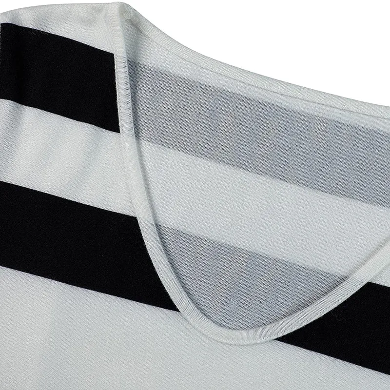 Women V-Neck Striped Print Short Sleeve Dress with Belts Pockets