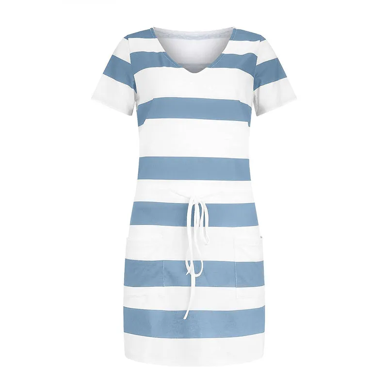 Women V-Neck Striped Print Short Sleeve Dress with Belts Pockets