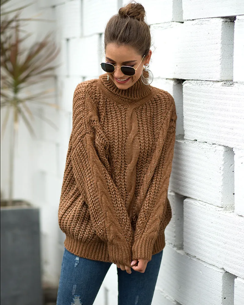 Women's High Collar Twist Pullover Long Sleeve Sweater