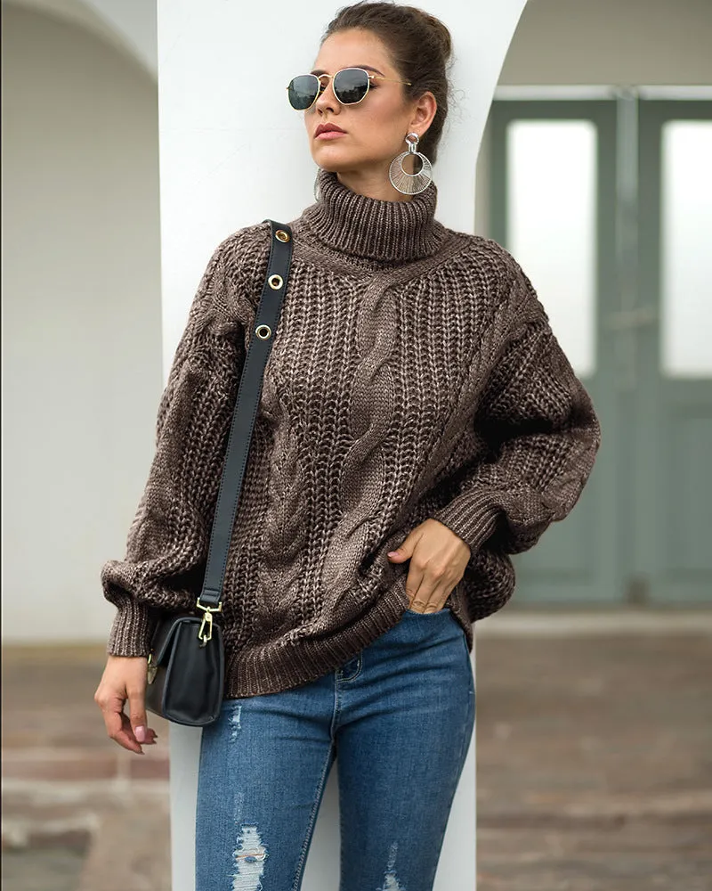 Women's High Collar Twist Pullover Long Sleeve Sweater