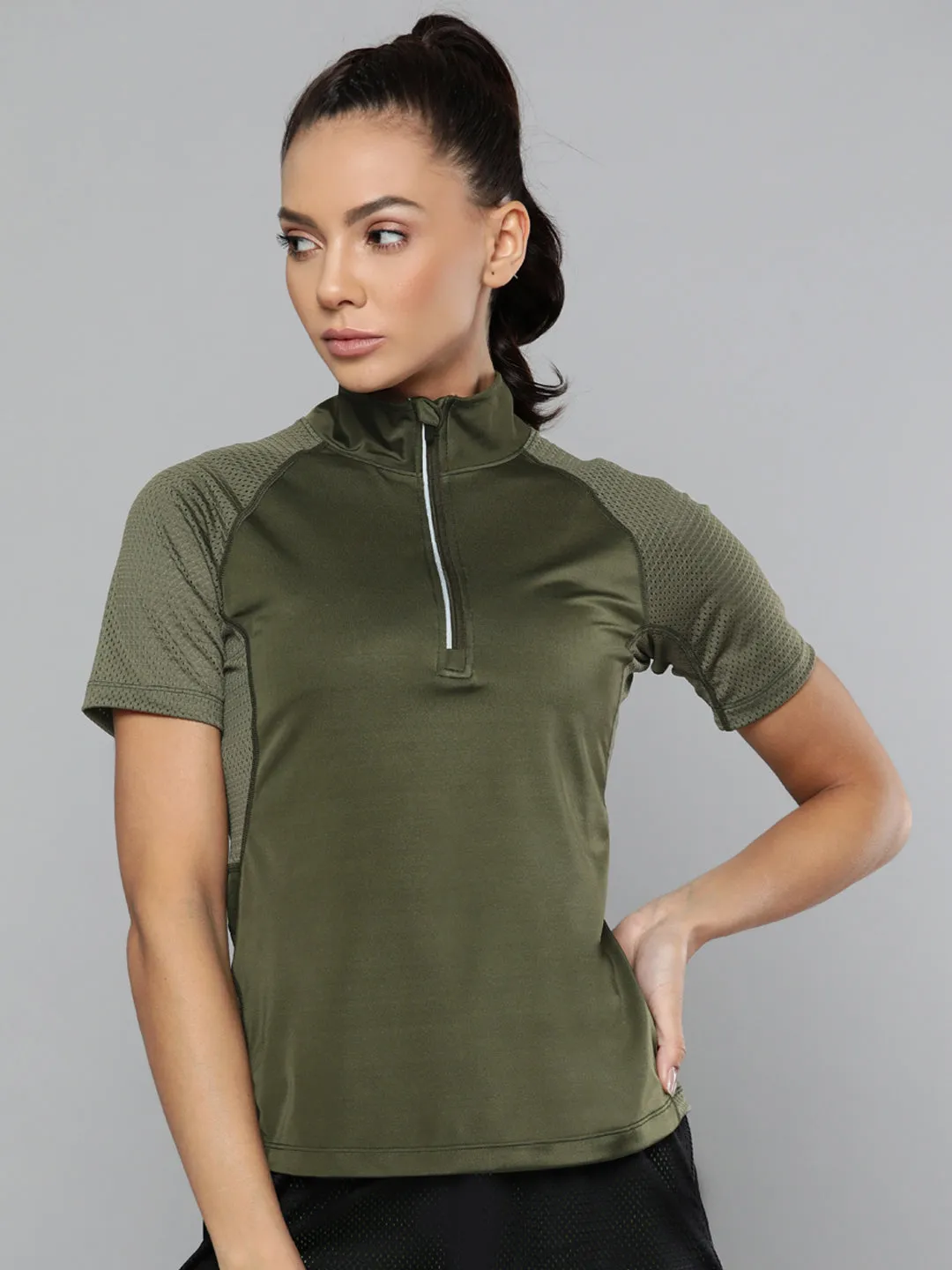 Women's Olive Green Slim Fit Training or Gym T-shirt