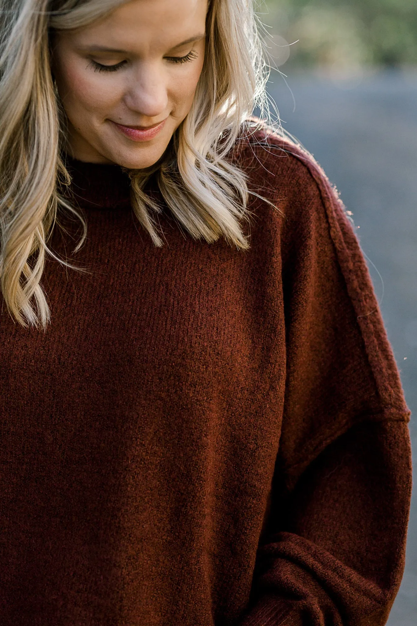 X Mocha Rust Exposed Seam Sweater