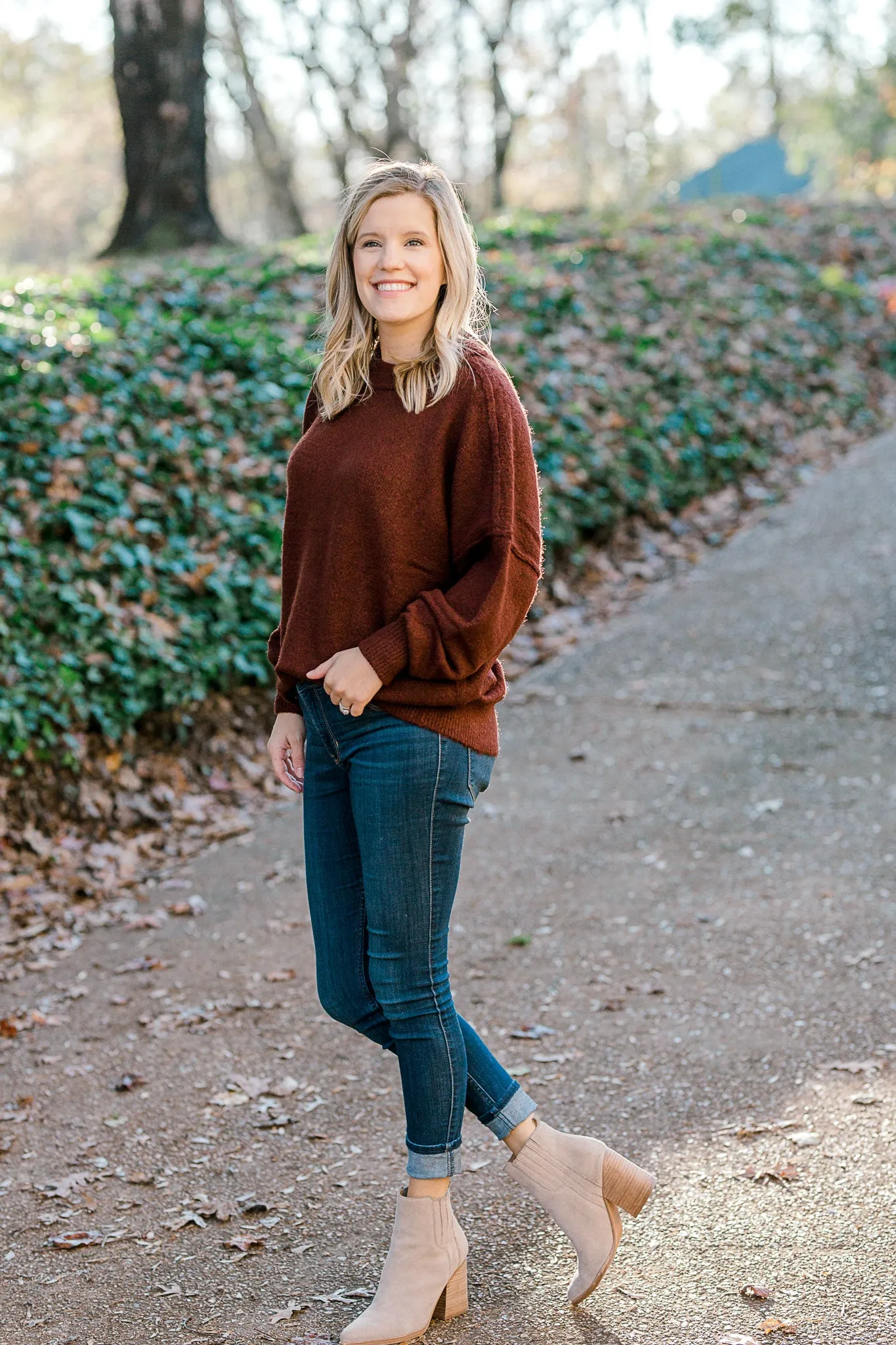X Mocha Rust Exposed Seam Sweater