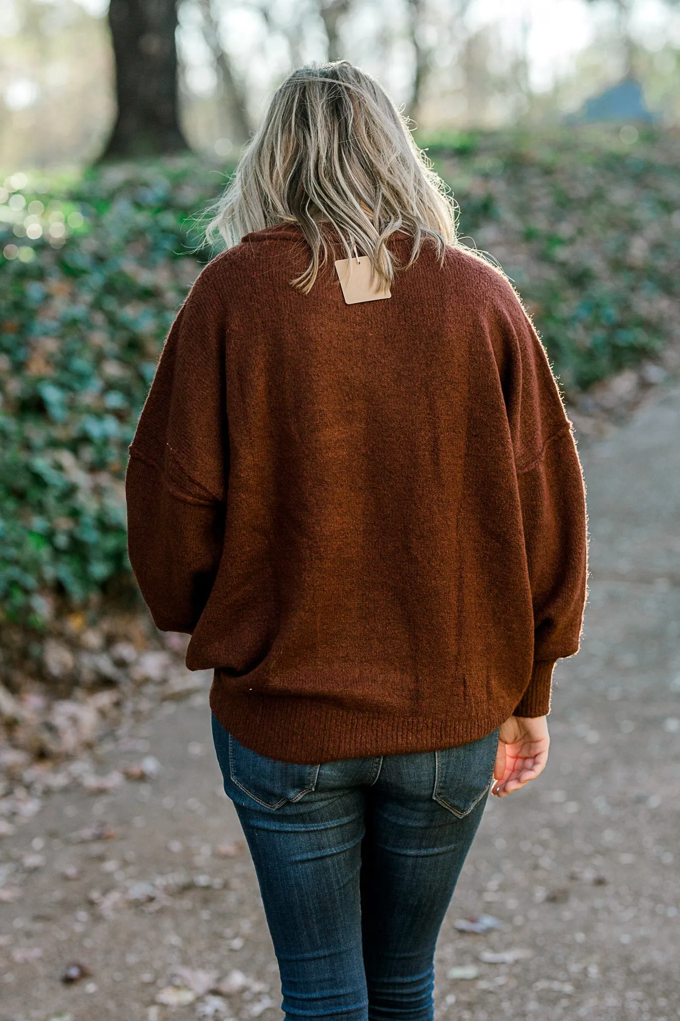 X Mocha Rust Exposed Seam Sweater