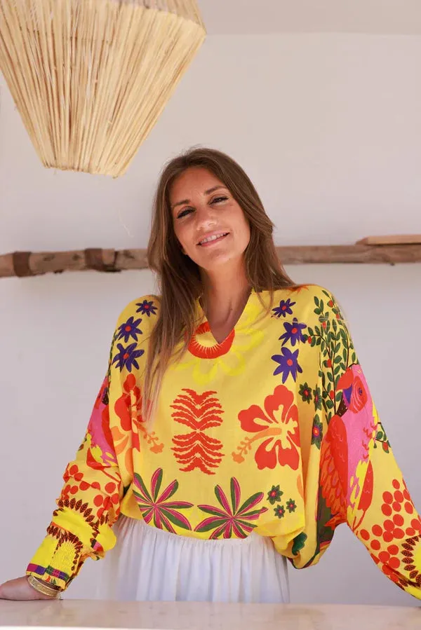 Yellow Tropical Hibiscus Print Tunic