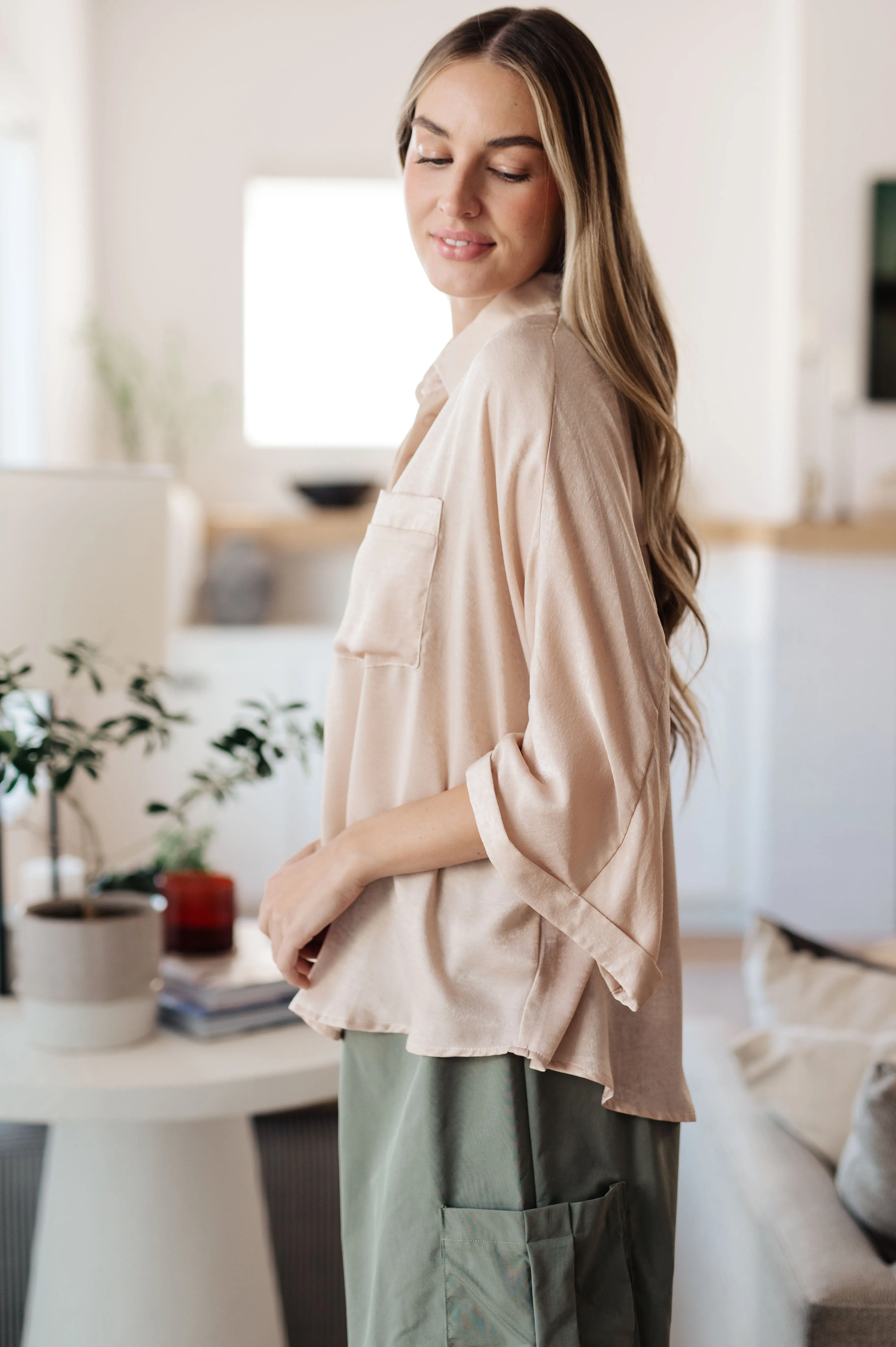 Yolanda Oversized Dolman Sleeve Top - Champagne, Poly Satin, Chic and Versatile