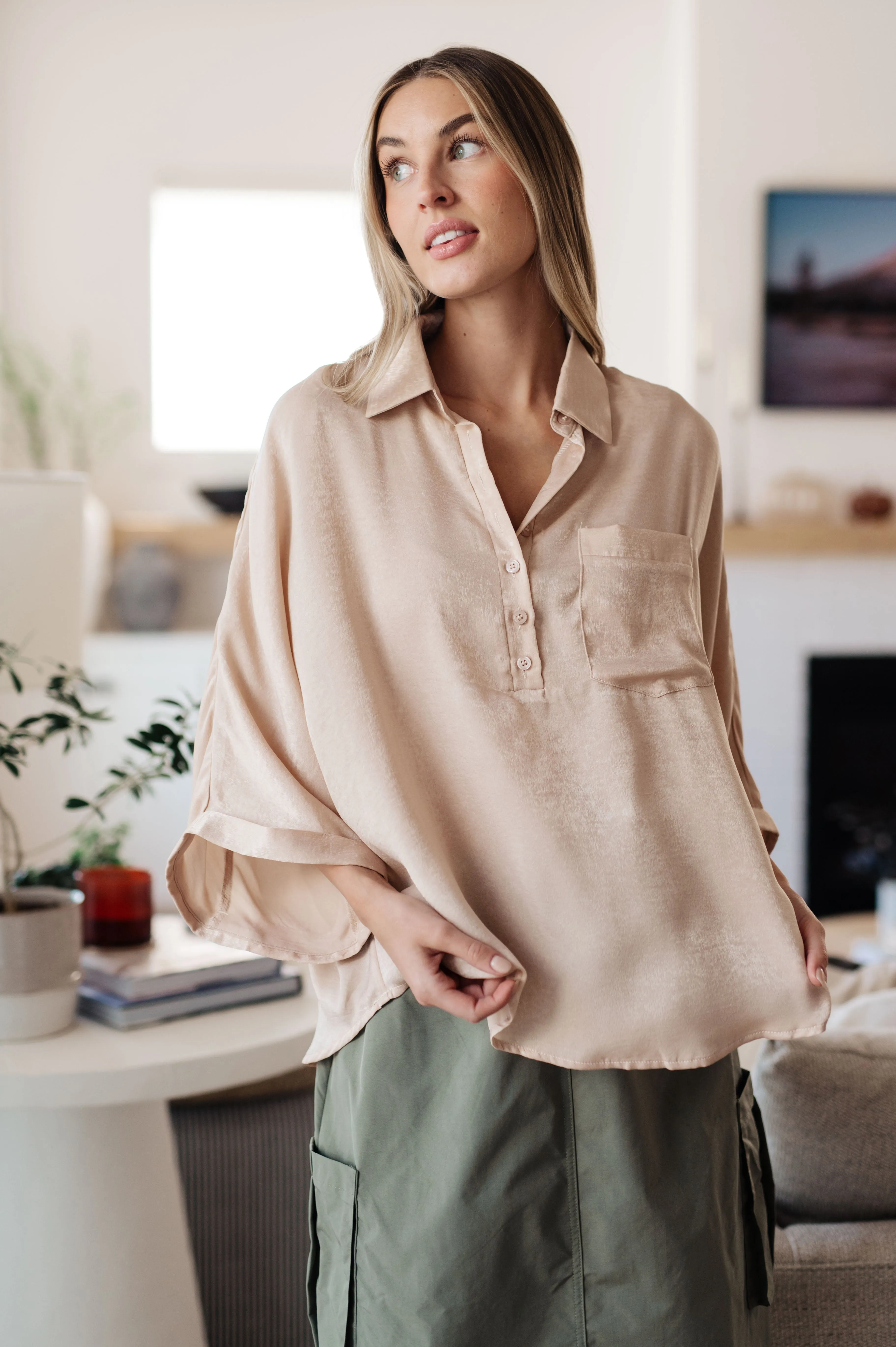 Yolanda Oversized Dolman Sleeve Top - Champagne, Poly Satin, Chic and Versatile