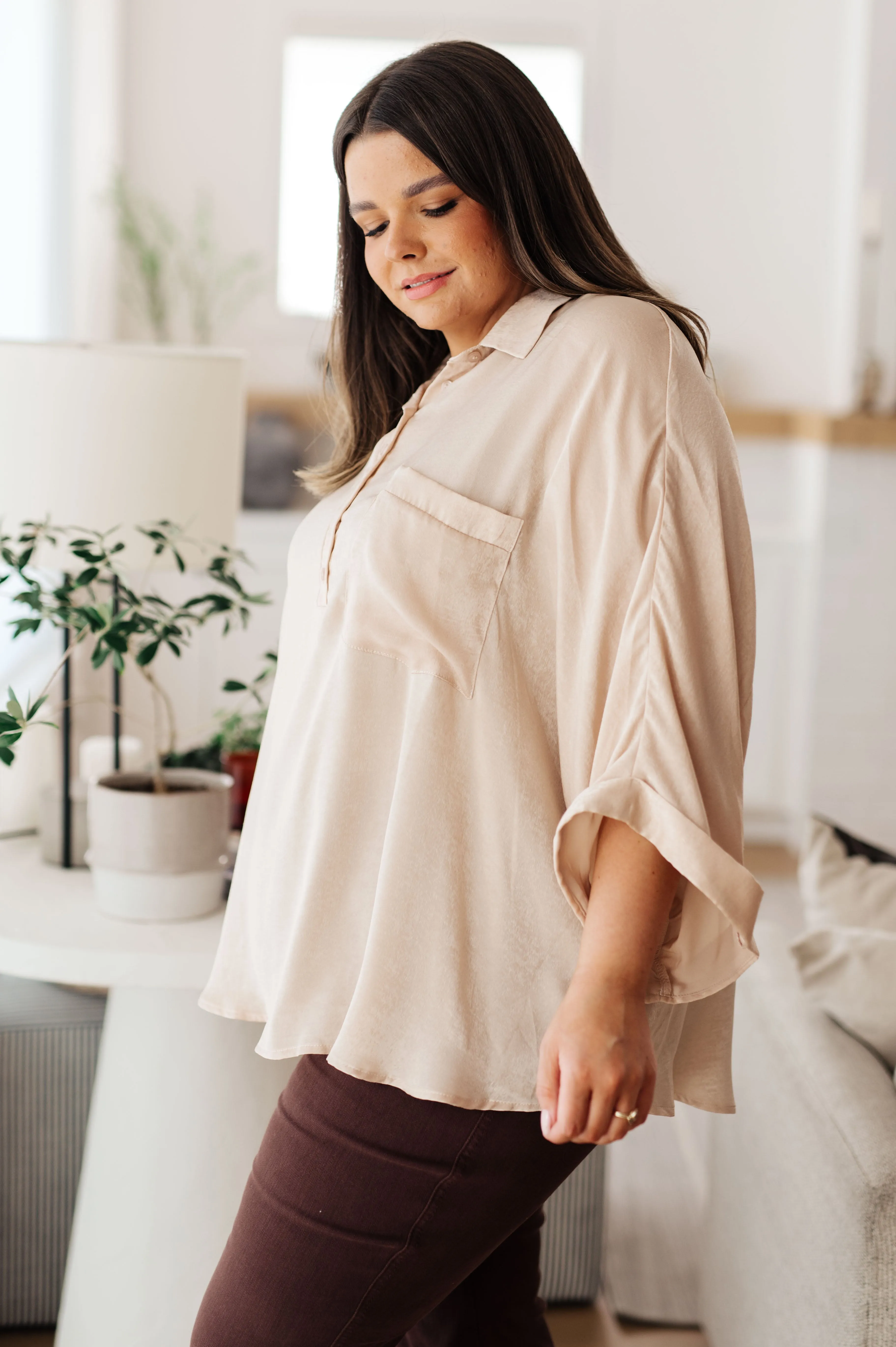 Yolanda Oversized Dolman Sleeve Top - Champagne, Poly Satin, Chic and Versatile