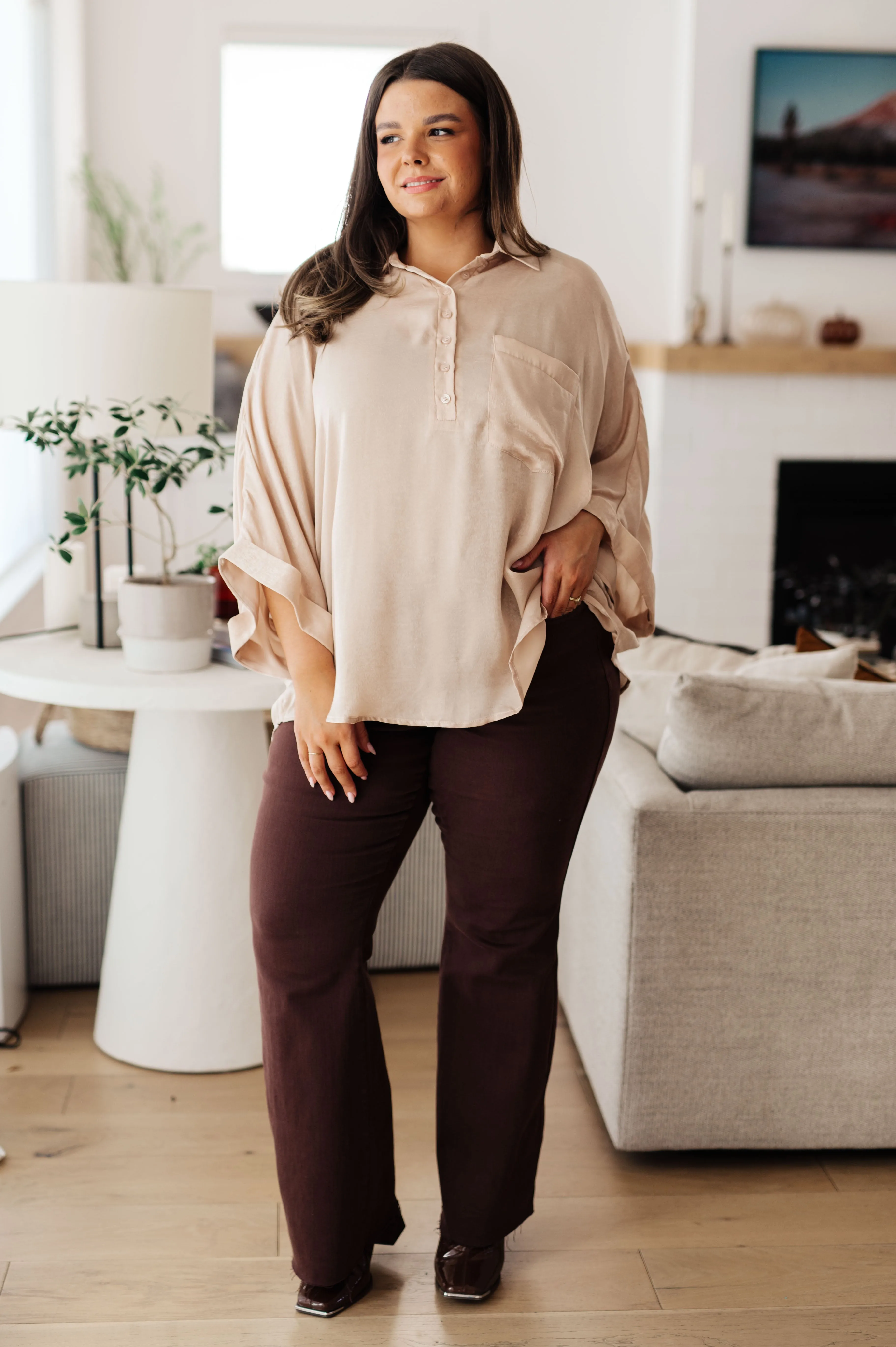 Yolanda Oversized Dolman Sleeve Top - Champagne, Poly Satin, Chic and Versatile