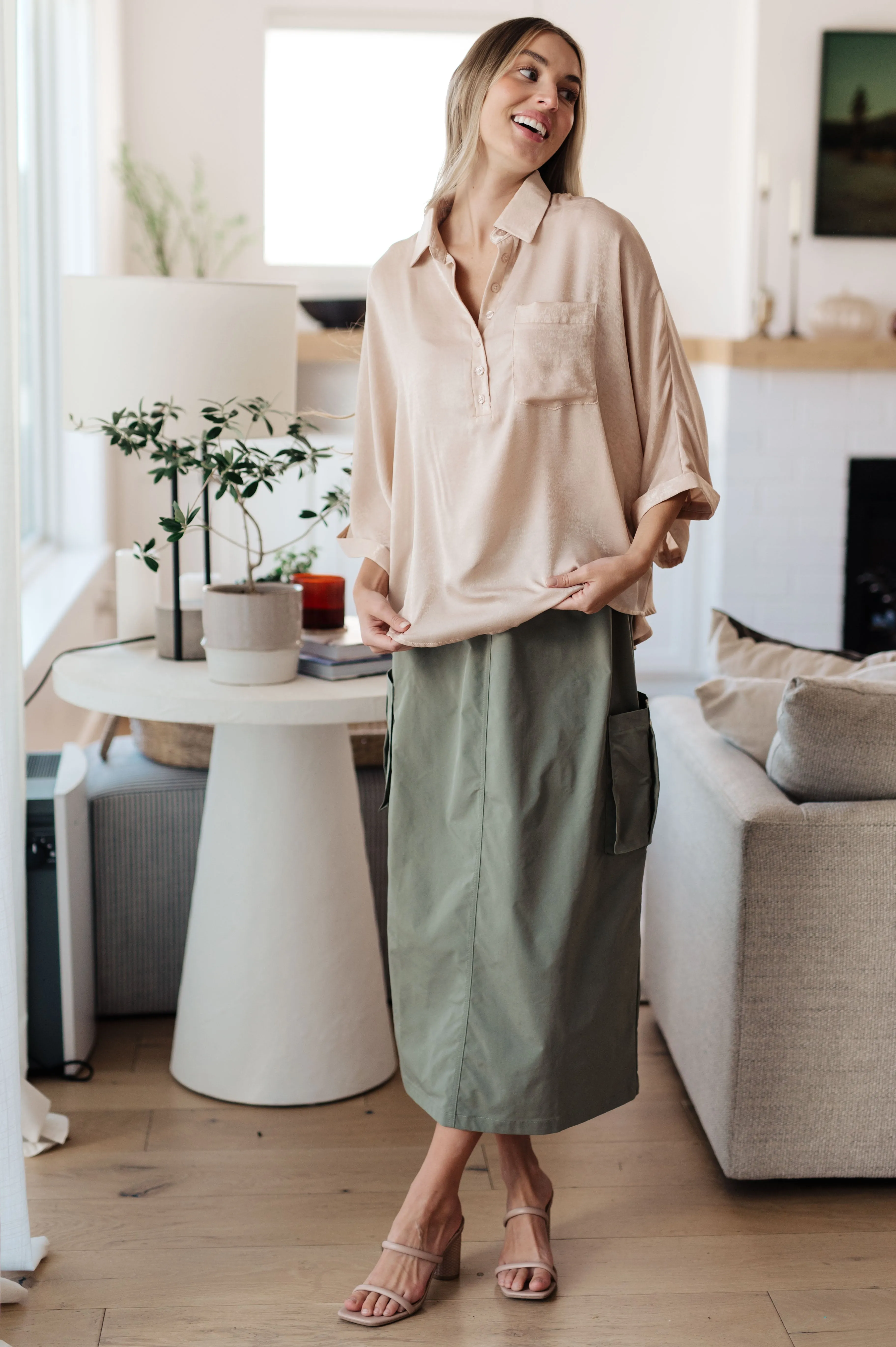 Yolanda Oversized Dolman Sleeve Top - Champagne, Poly Satin, Chic and Versatile